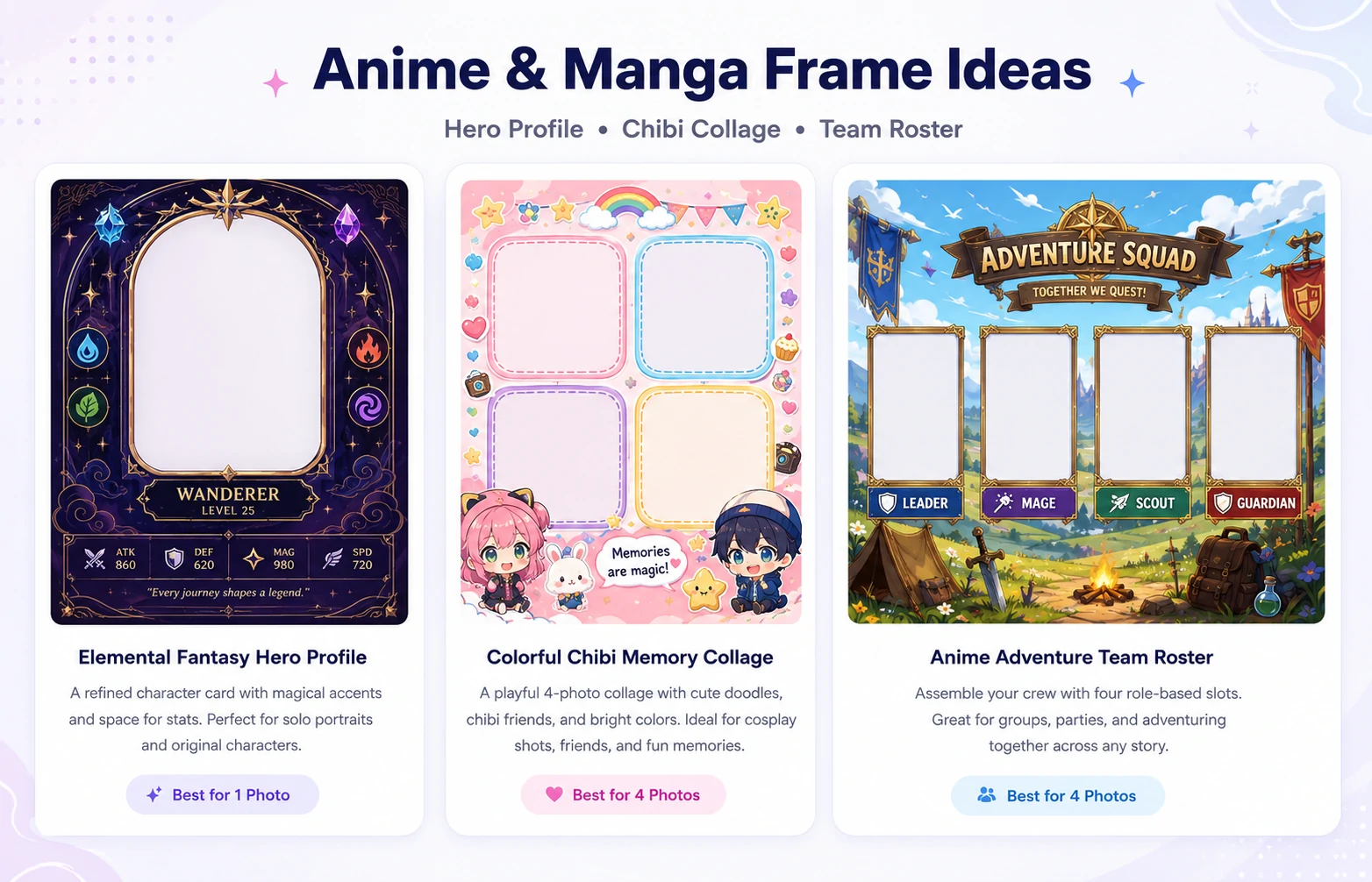 Fantasy hero card, chibi collage, and anime team roster photo frame templates