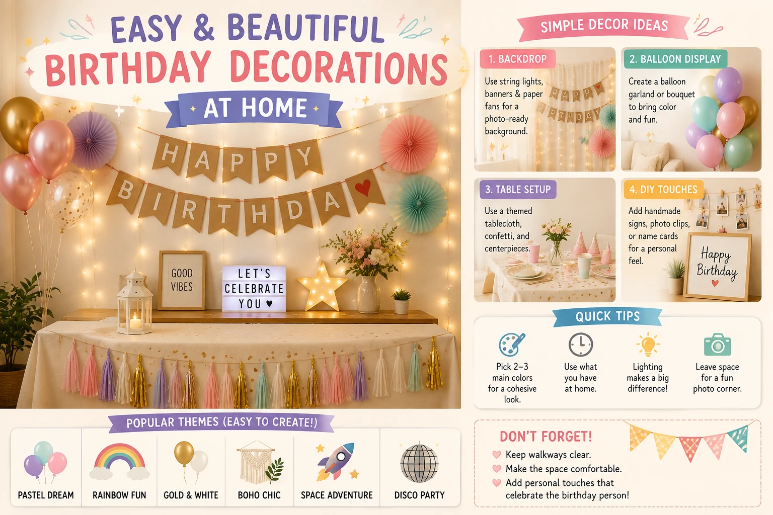 Simple birthday party decorations at home with a backdrop, balloon cluster and warm lighting