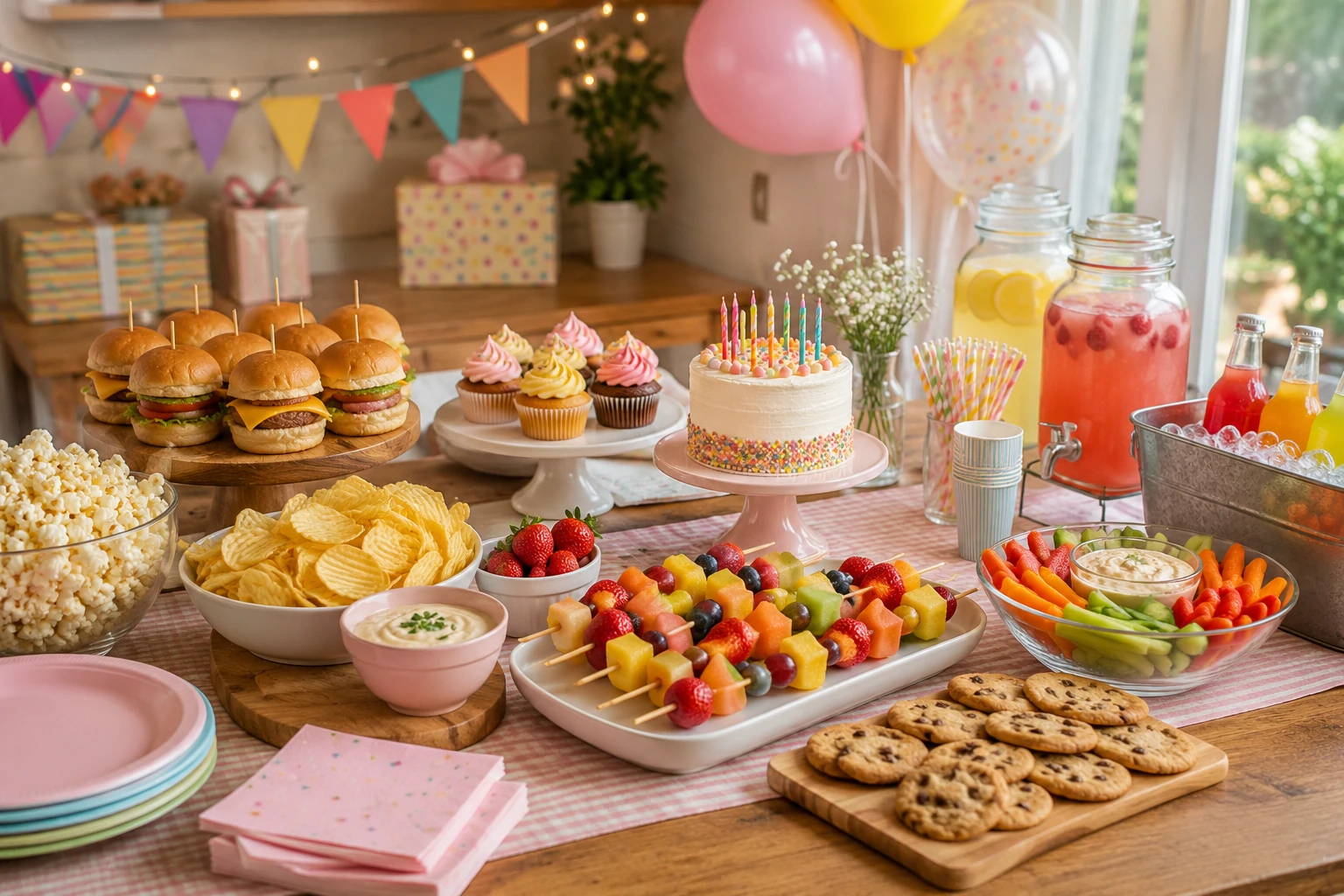 Easy birthday party food ideas at home with small portions, drinks and a self-serve table