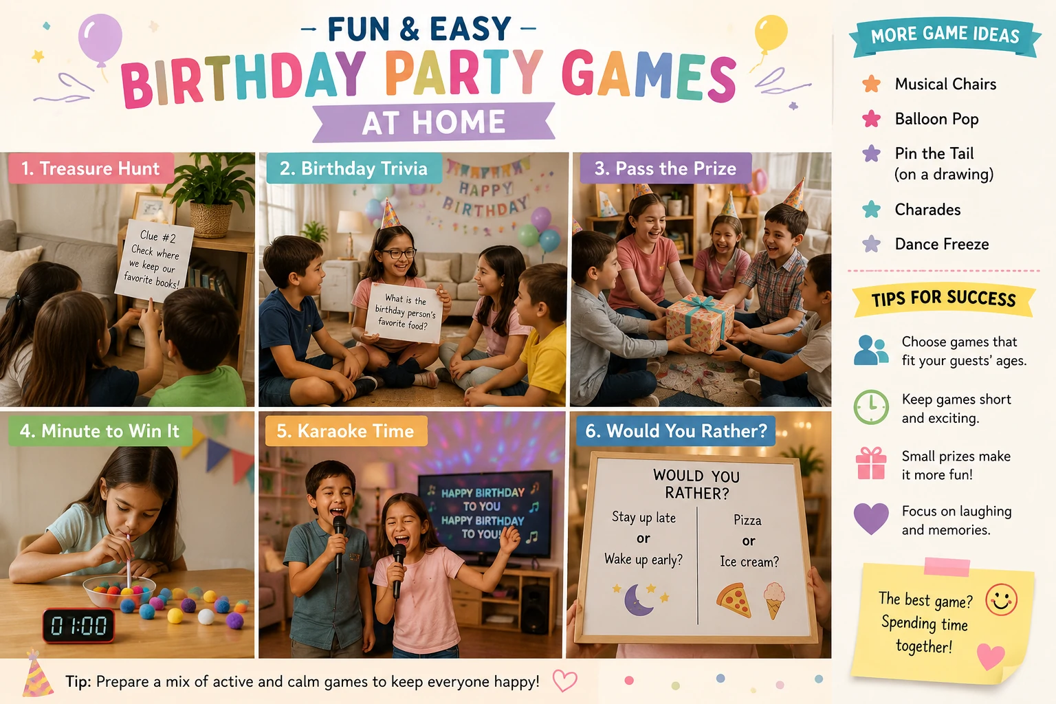 Easy birthday party games at home with a treasure hunt, table game and music activity