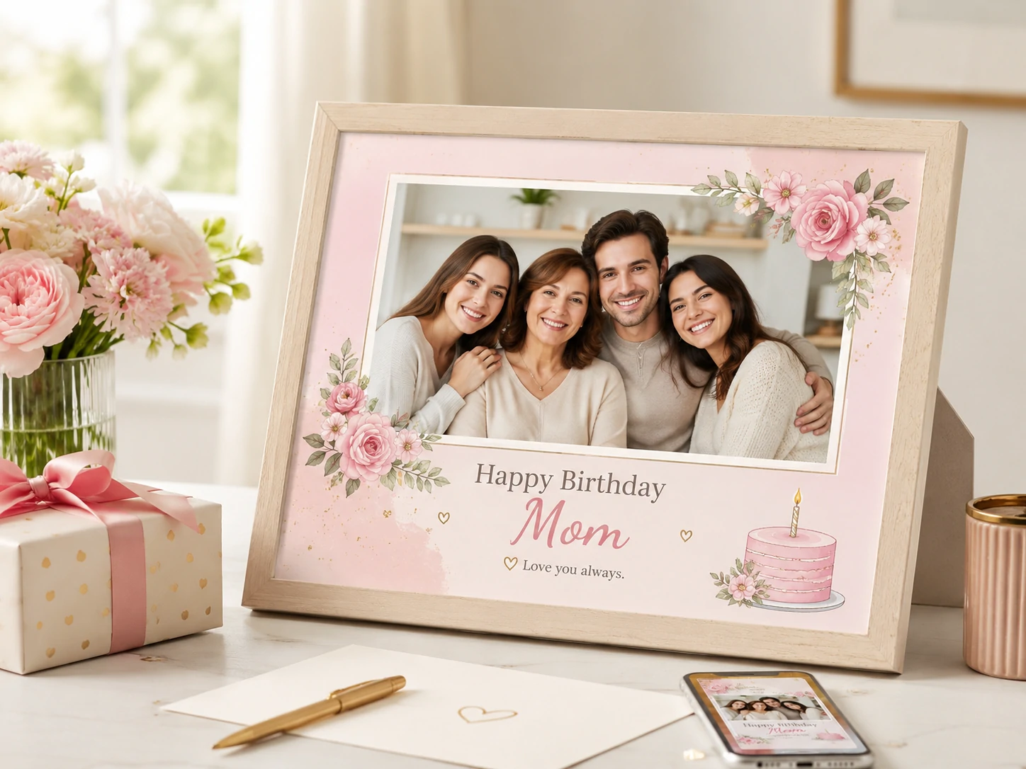 Birthday photo frame for Mom with space for a family picture and personal message