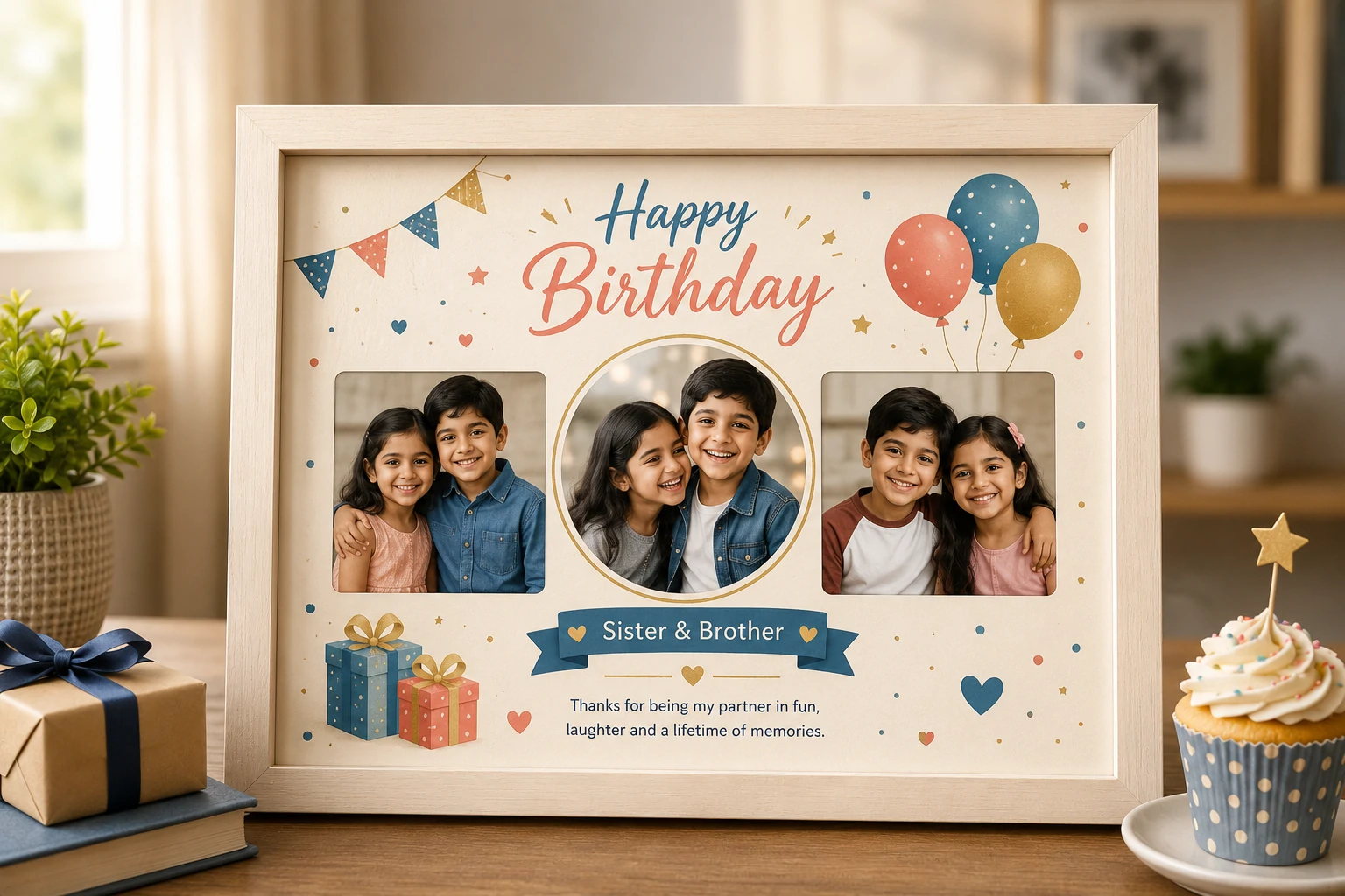 Birthday photo frame for sister and brother with space for a family photograph and personal message