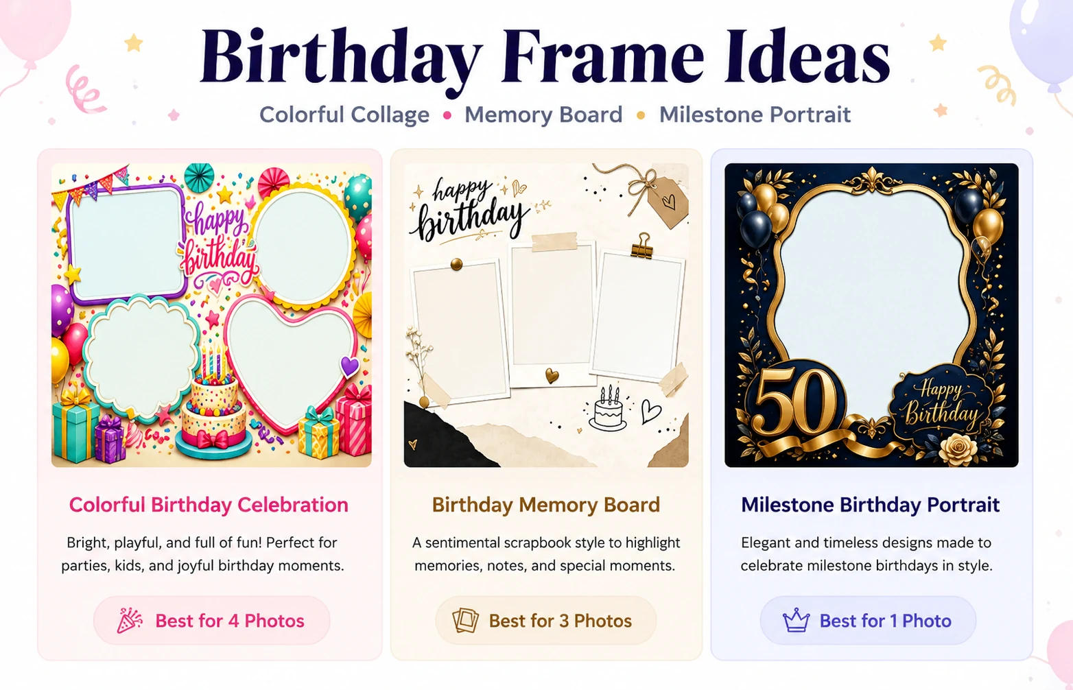 Colorful collage, memory board, and milestone birthday photo frame template ideas