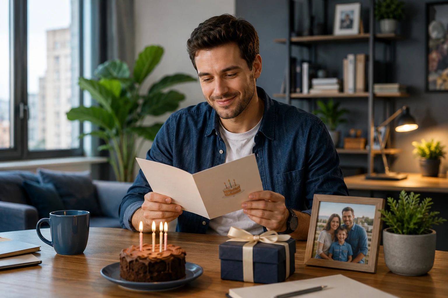 Birthday wishes for your adult son with a thoughtful card and family photograph