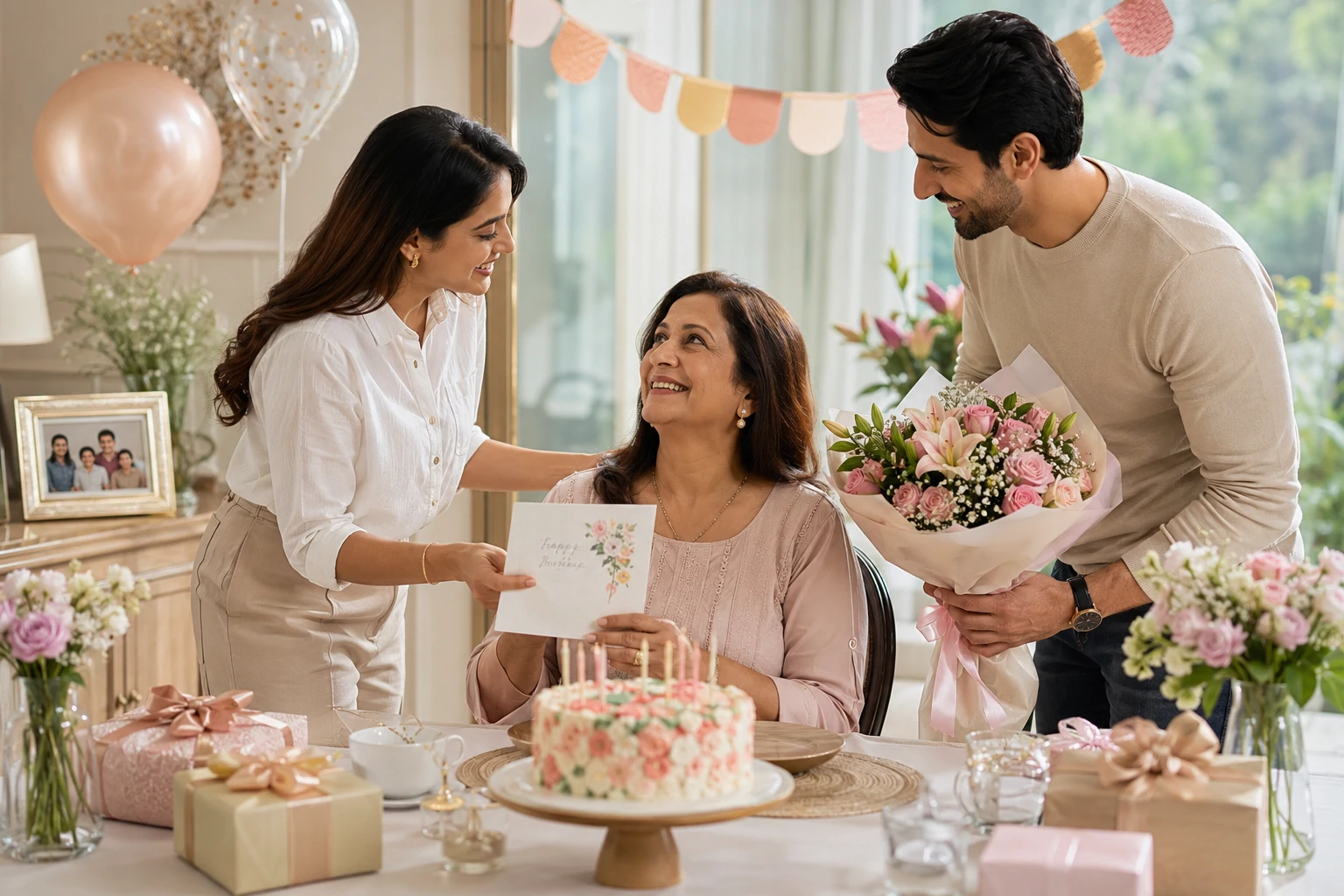 Birthday wishes for Mom with flowers, a birthday cake, gifts and a heartfelt family card