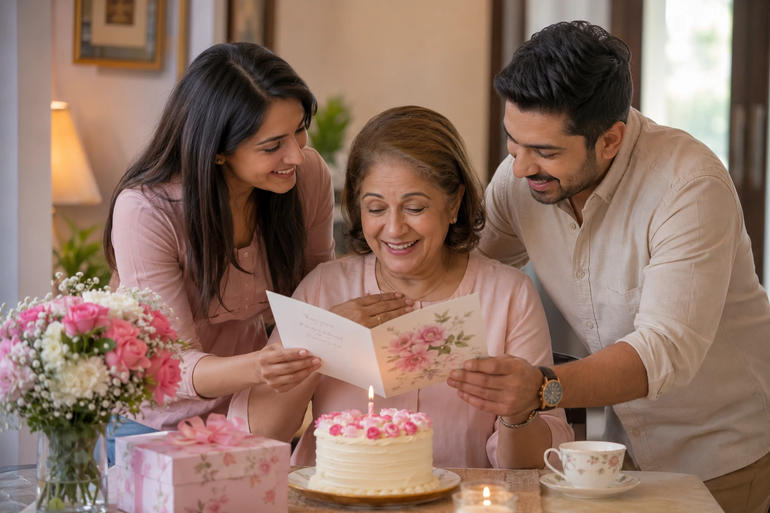 Birthday wishes for Mom from a daughter and son during a warm family celebration