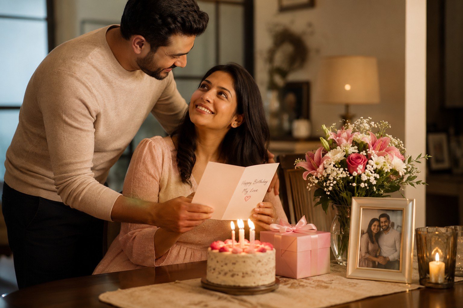 Birthday wishes for wife with a romantic card, flowers, birthday cake and couple photograph