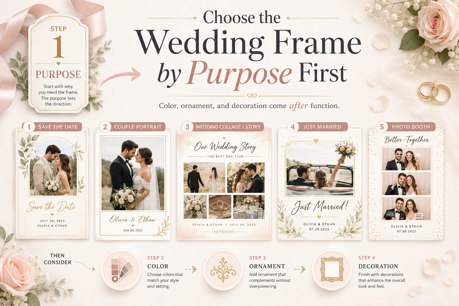 Wedding Photo Frame Ideas for Couples organized by announcement, portrait, collage and photo booth purpose
