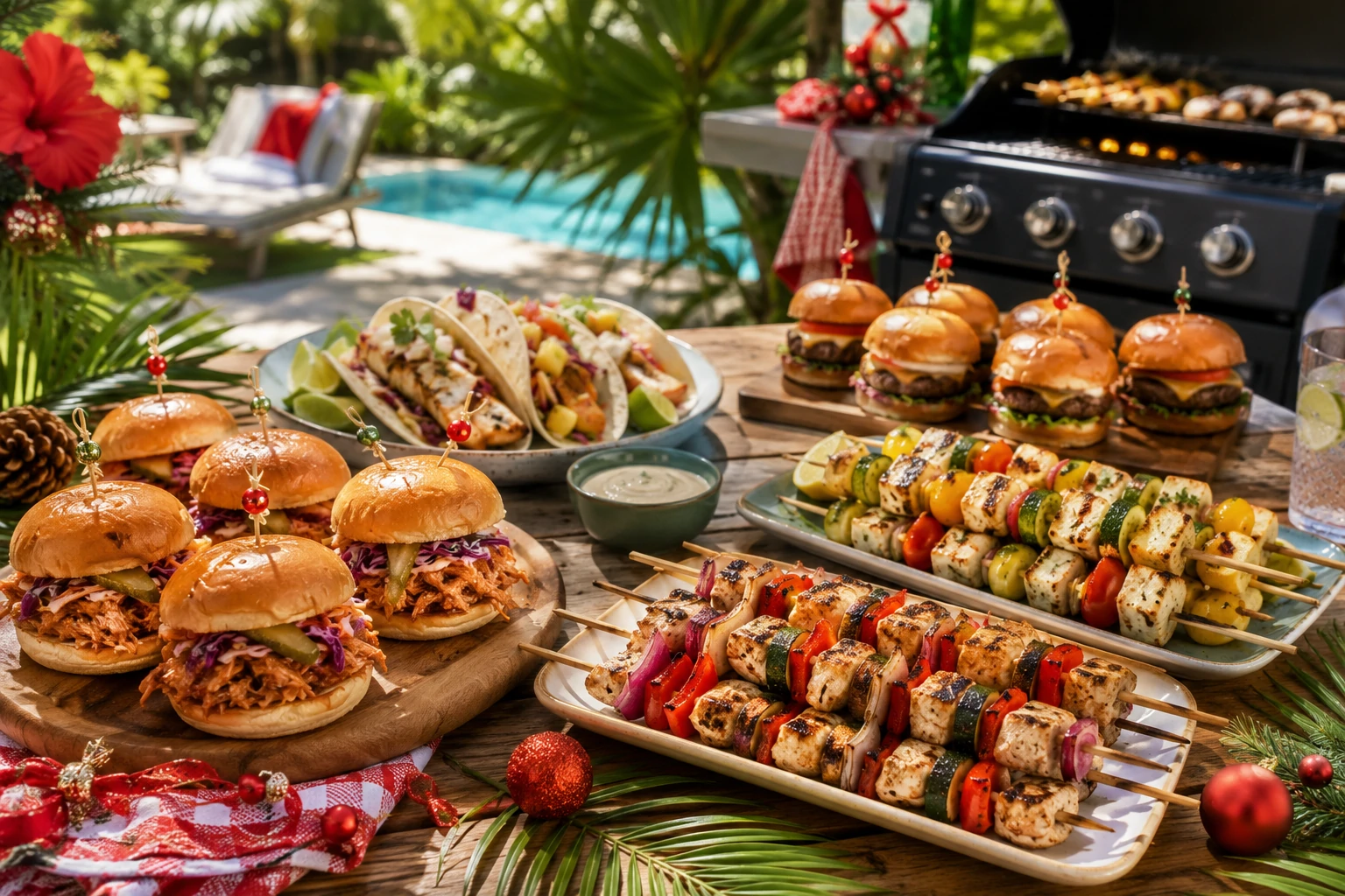 Christmas in July BBQ dishes with chicken sliders, colorful skewers, tacos and grilled vegetables