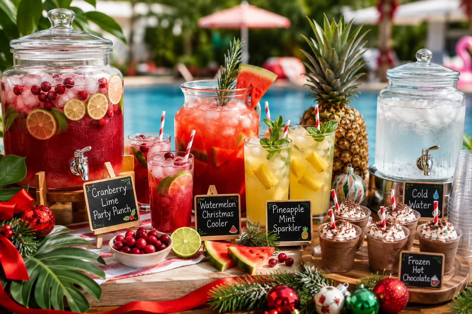 Christmas in July drinks and mocktails with cranberry lime punch, watermelon coolers and pineapple mint sparklers