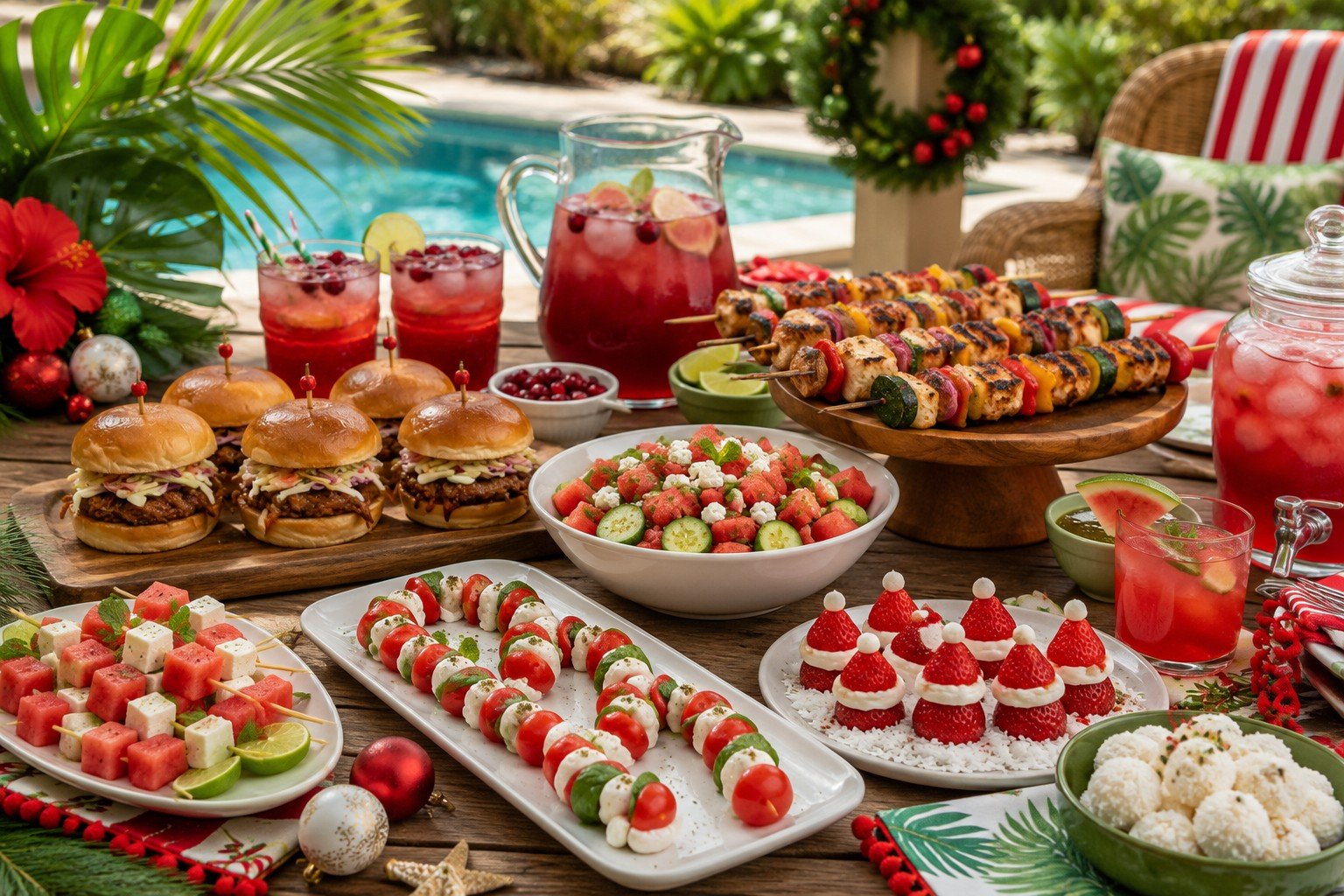 Christmas in July food ideas with easy party snacks, BBQ dishes, cold drinks and summer desserts