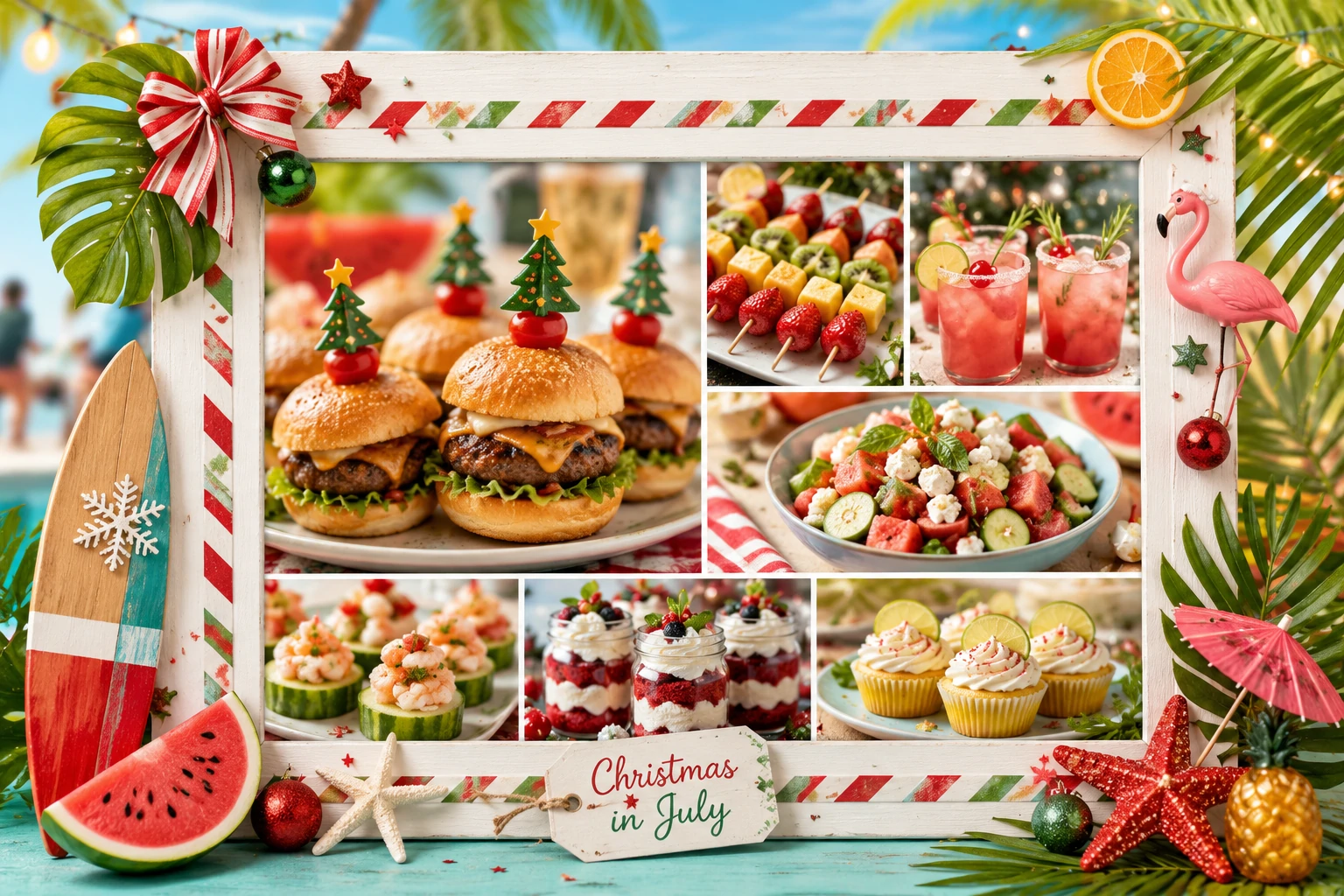 Christmas in July food photo frame for party snacks, BBQ dishes, drinks and summer desserts