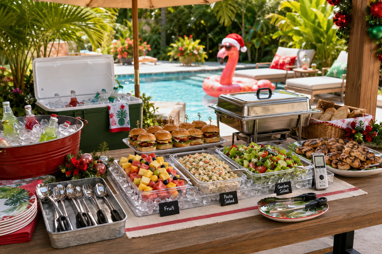 Christmas in July outdoor food table with cold dishes on ice, hot food covered and separate serving utensils