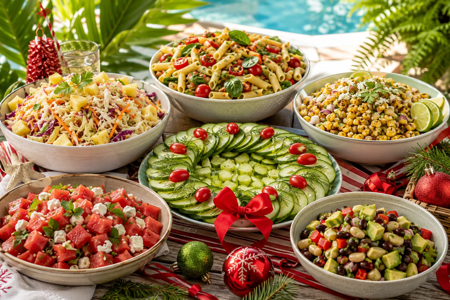 Christmas in July fresh sides and salads with pineapple slaw, corn salad, watermelon feta and red-green pasta