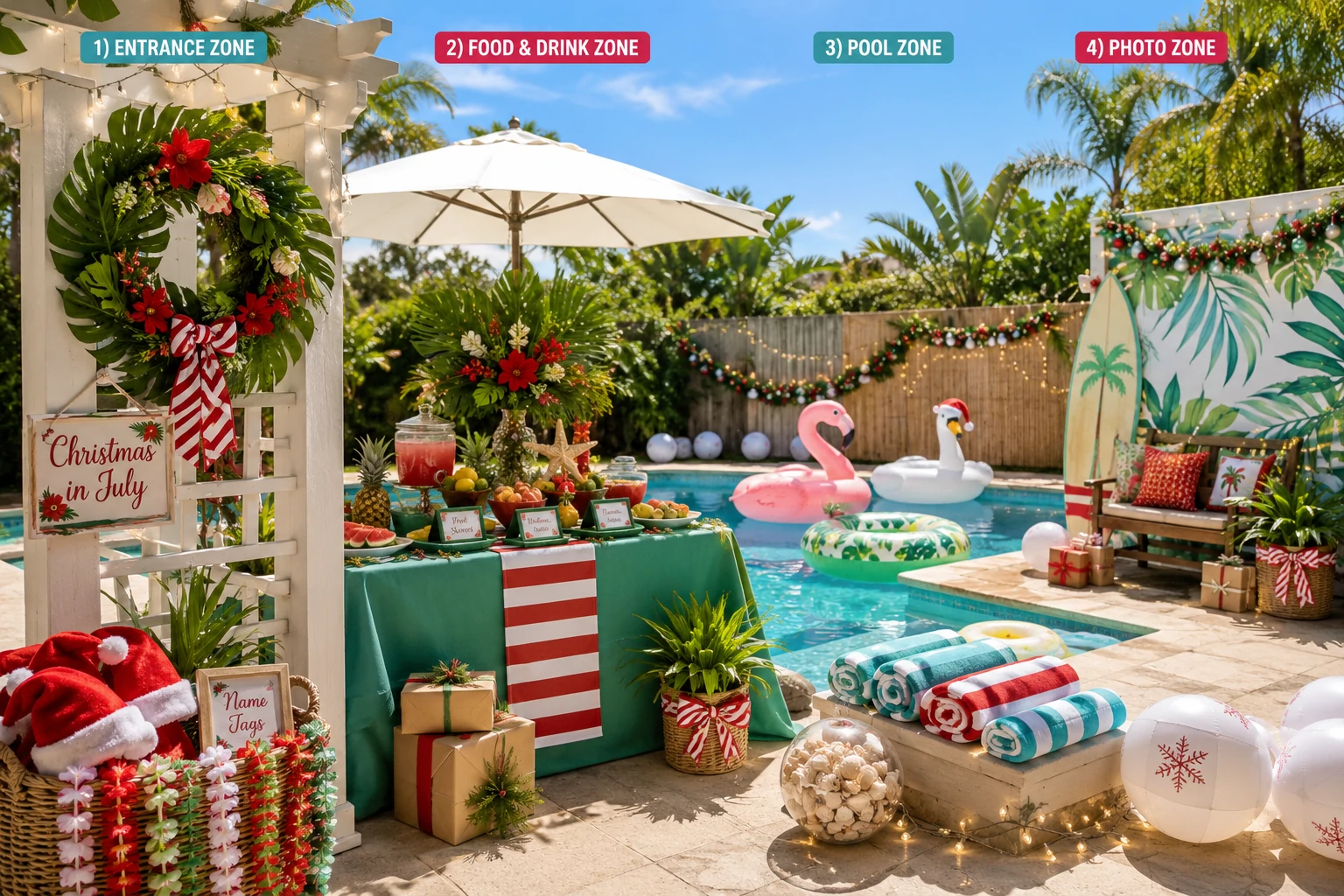 Christmas in July party decorations with tropical wreaths, candy cane cabana stripes and a poolside photo backdrop