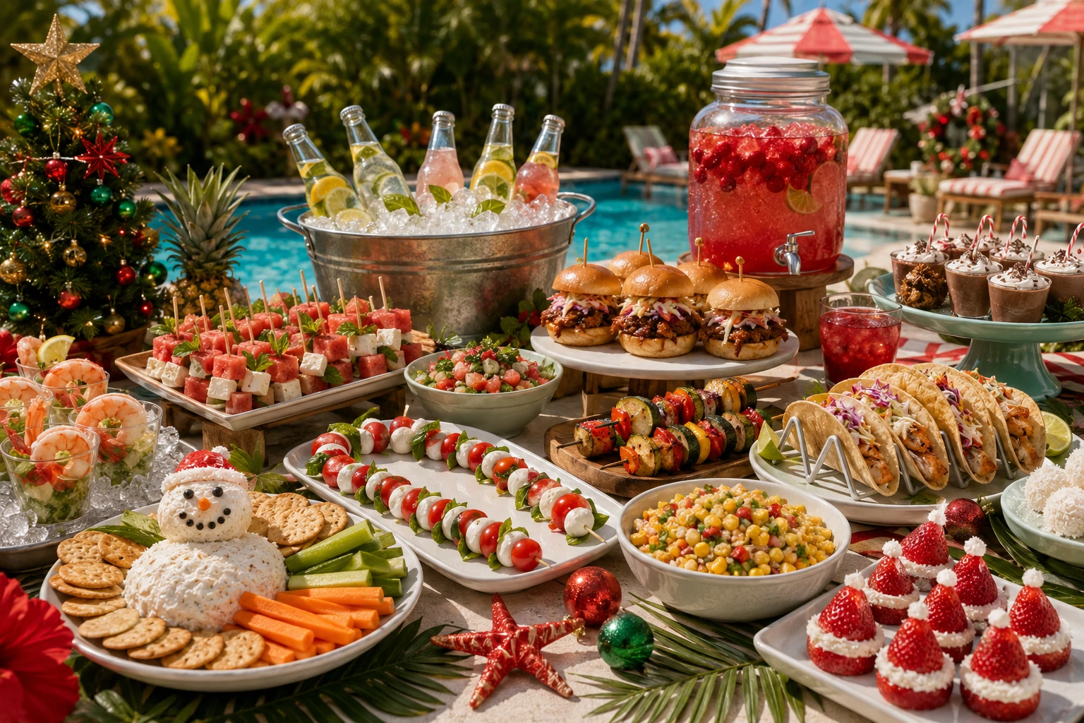 Christmas in July party food with barbecue sliders, fruit skewers, festive desserts and chilled drinks