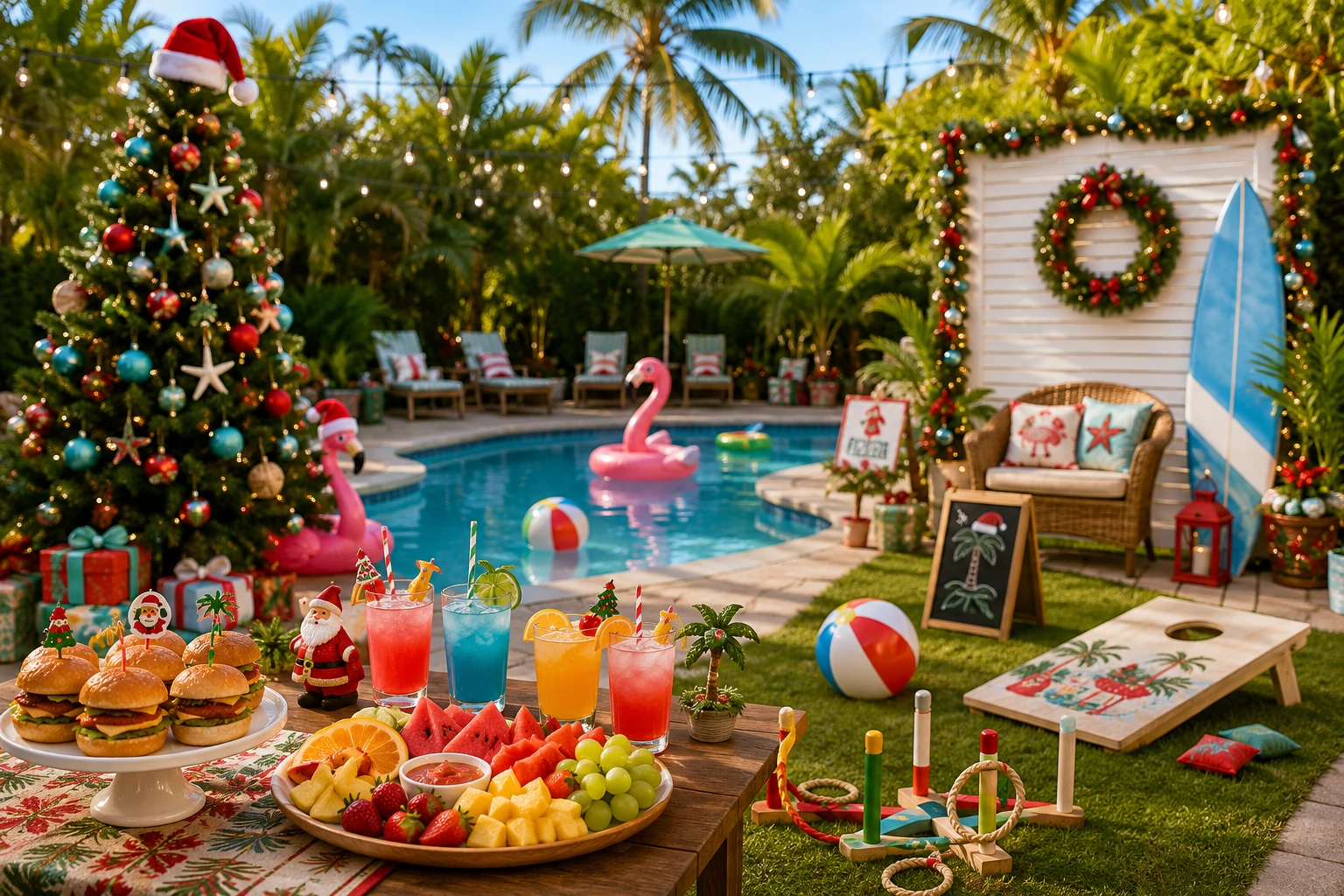 Christmas in July party planning overview with food, games, decorations and a pool theme