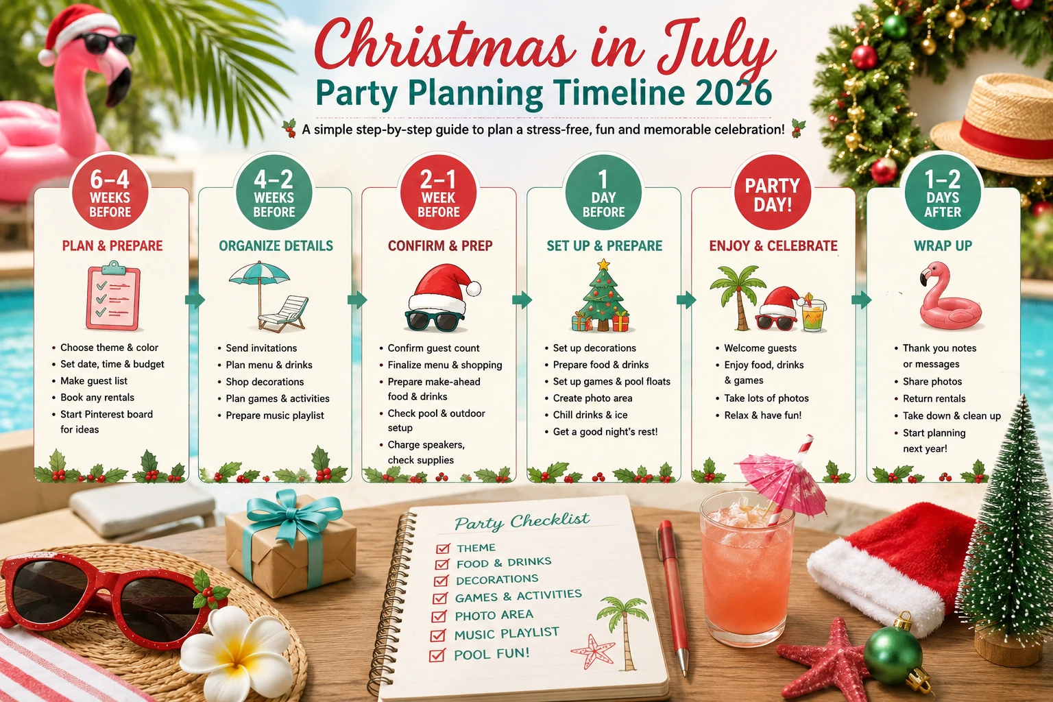 Christmas in July party planning timeline from invitations and decorations to food setup and party day