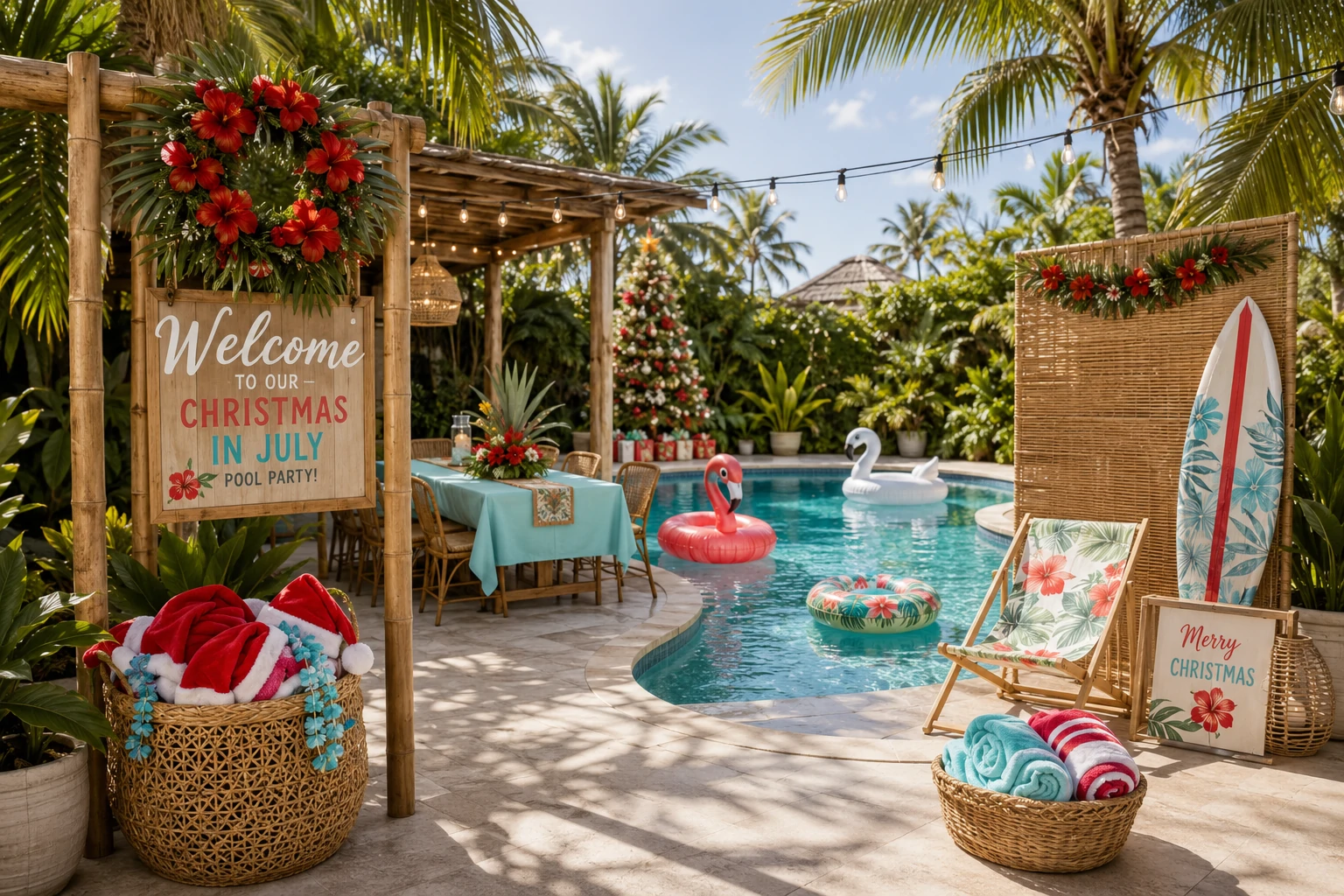 Christmas in July pool party decorations organized into entrance, food, pool and photo zones