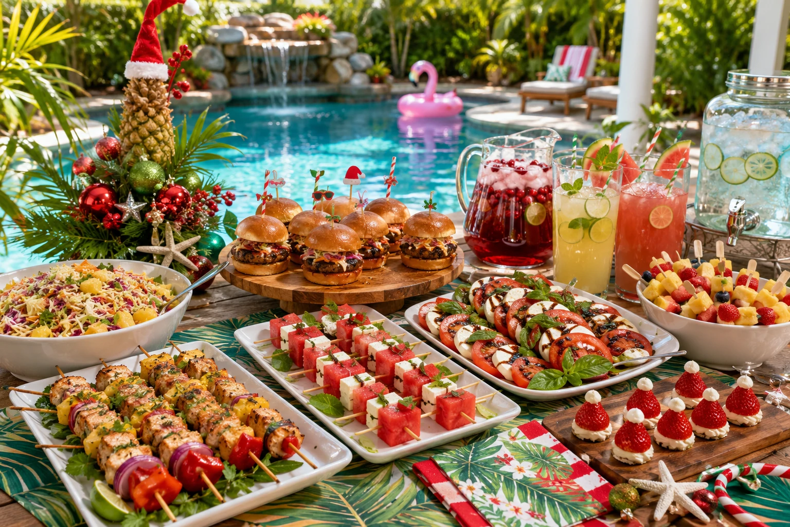 Christmas in July pool party food with sliders, fruit skewers, fresh salads and cold festive drinks
