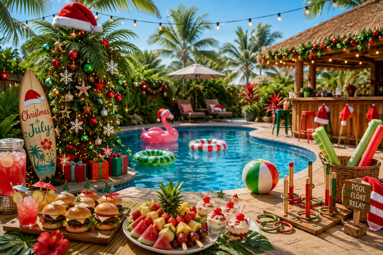 Christmas in July pool party ideas 2026 with tropical decorations, festive food and pool games