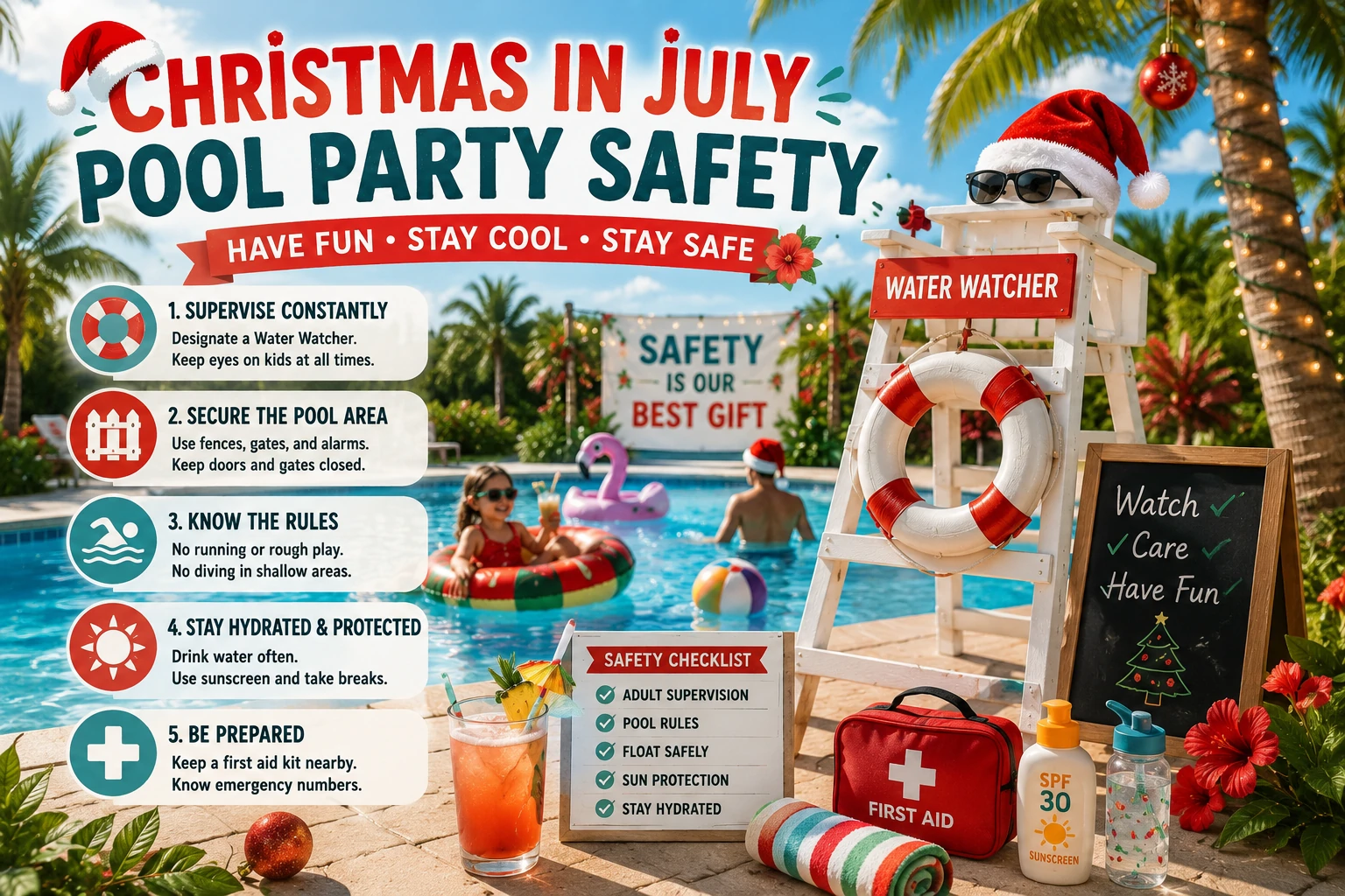 Christmas in July pool party safety with a water watcher, life jackets, shaded food and a cold water station