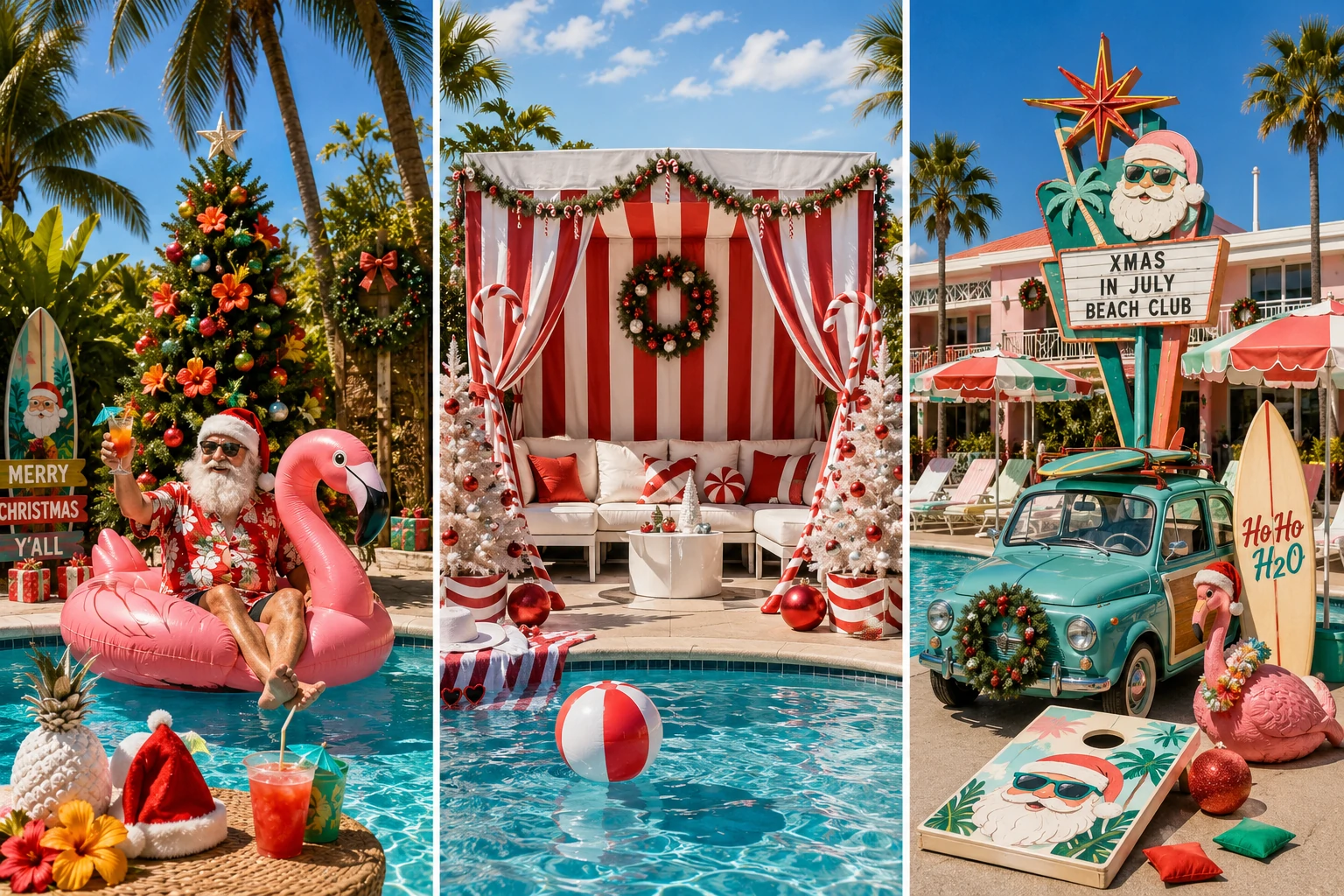 Christmas in July pool party themes with Tropical Santa, candy cane cabana and festive pool floats