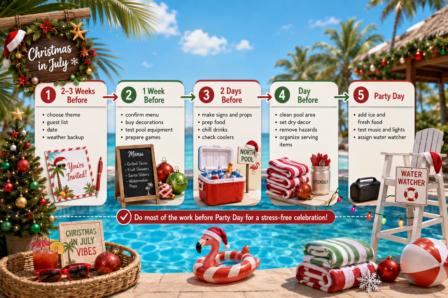 Christmas in July pool party planning timeline from choosing a theme to setup and party day