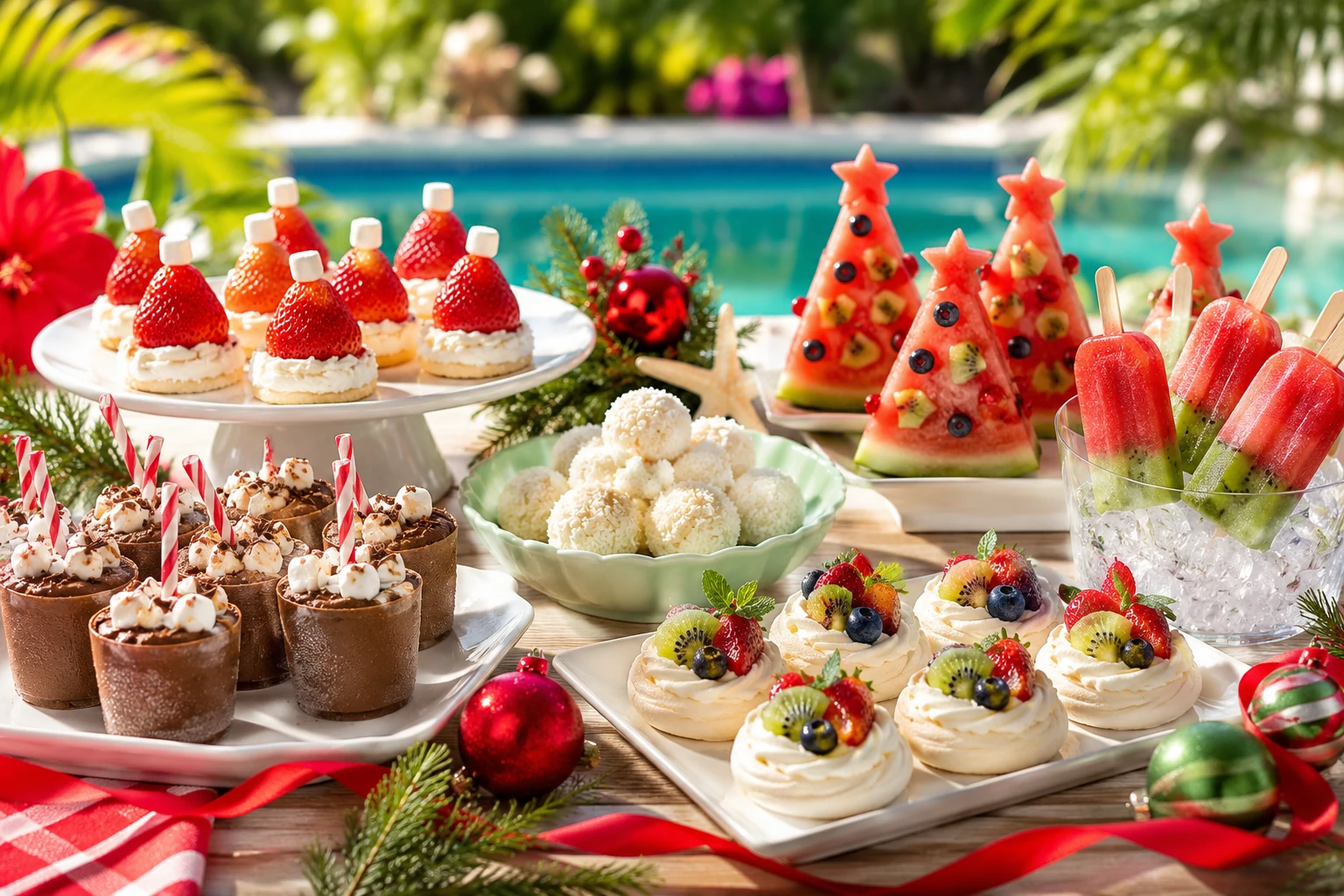 Christmas in July summer desserts with strawberry Santa hats, frozen chocolate cups, fruit ice pops and coconut snowballs