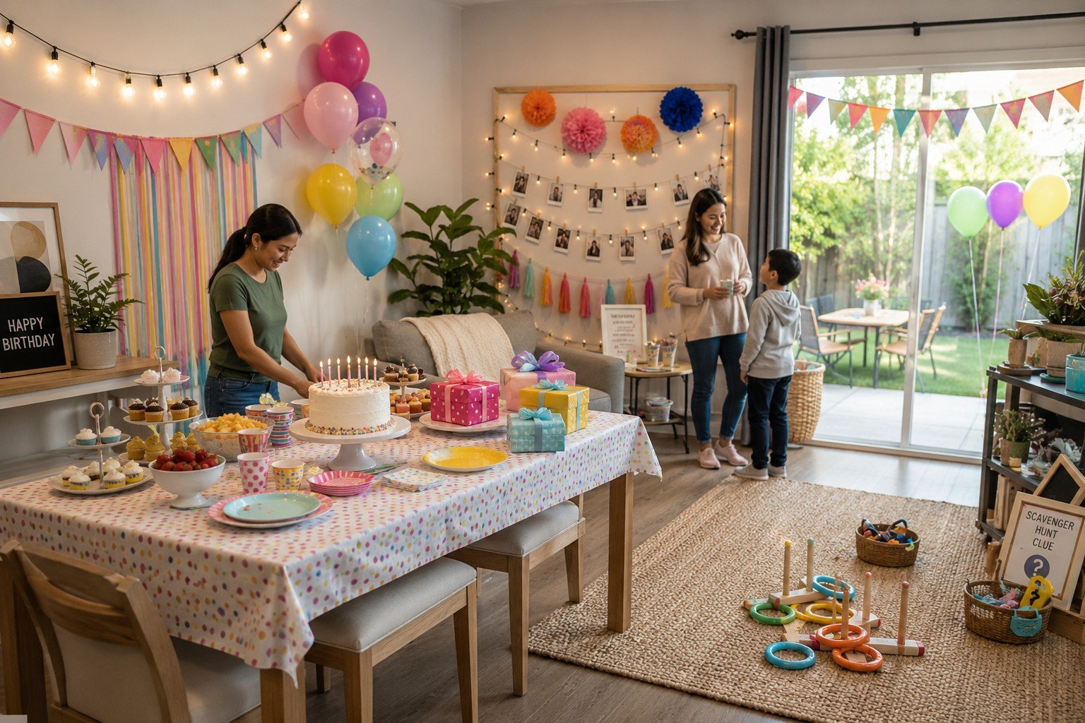 Easy birthday party ideas at home with a decorated table, cake, simple games and a photo corner