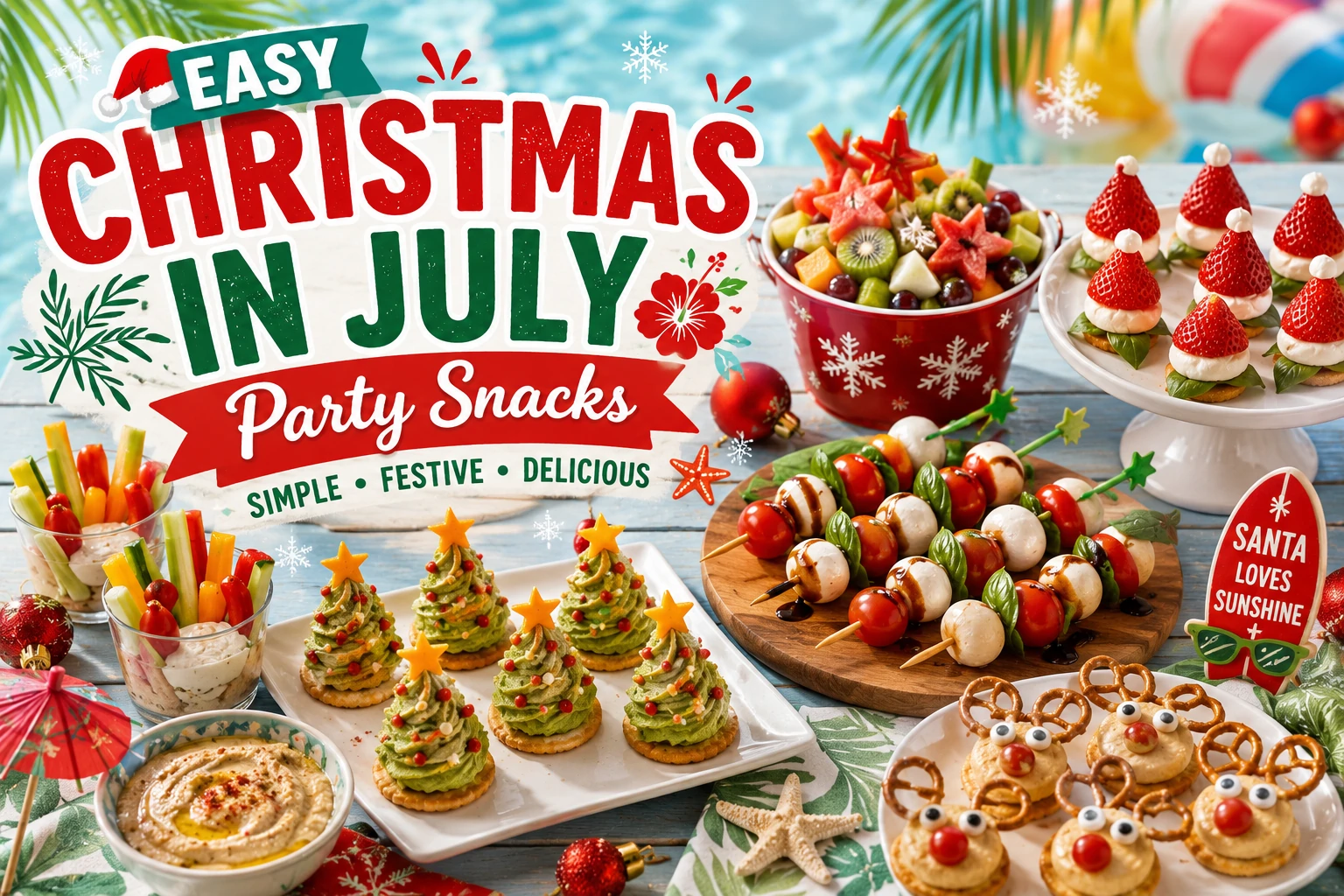 Easy Christmas in July party snacks with watermelon skewers, caprese candy cane and festive individual cups