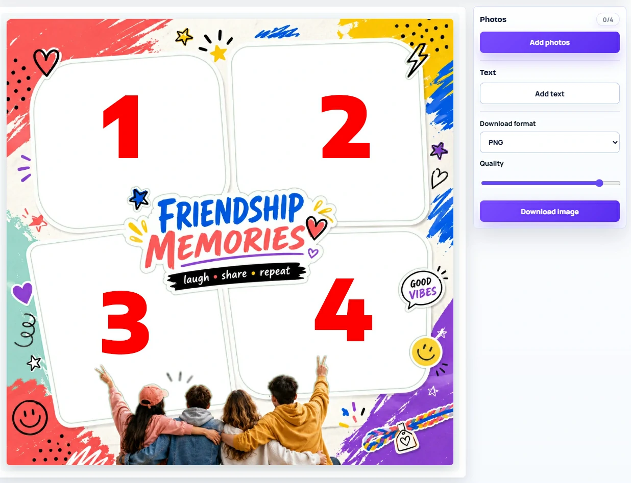 Filling multiple numbered photo slots in an online collage frame