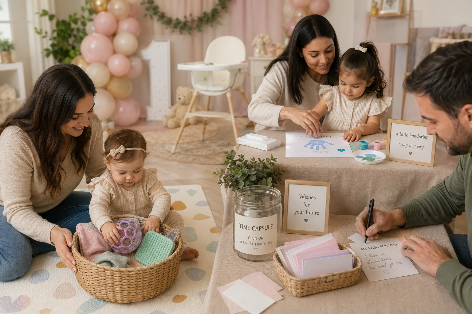 First birthday activities with a sensory basket, time capsule, handprint keepsake and photo station