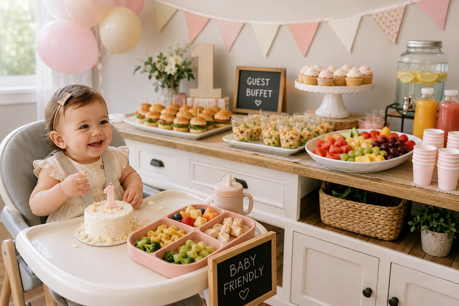 First birthday party food ideas with a baby-safe tray, guest buffet, small cake and drink station