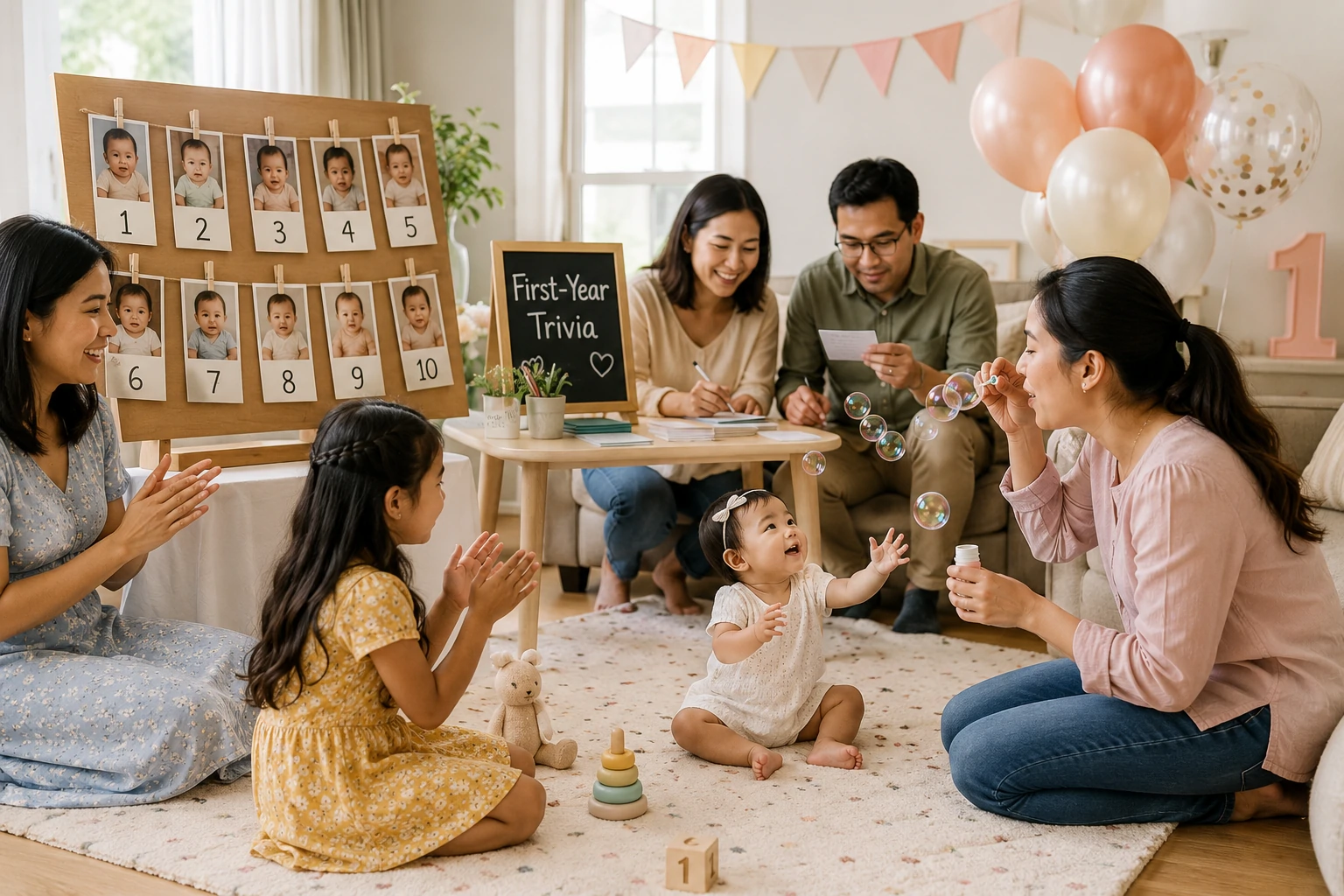 First birthday party games including baby photo guessing, first-year trivia, bubbles and music