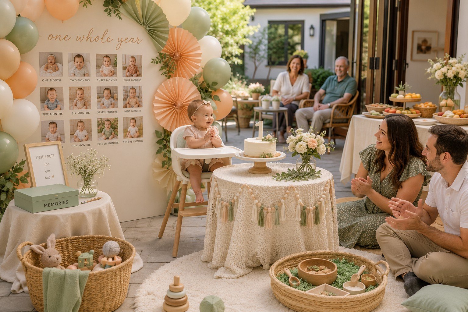 First birthday party ideas with a baby-safe cake table, simple decorations, family activities and a photo corner