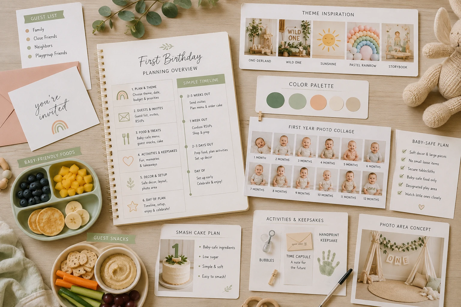First birthday party ideas organized into planning, themes, food, games, activities and photographs