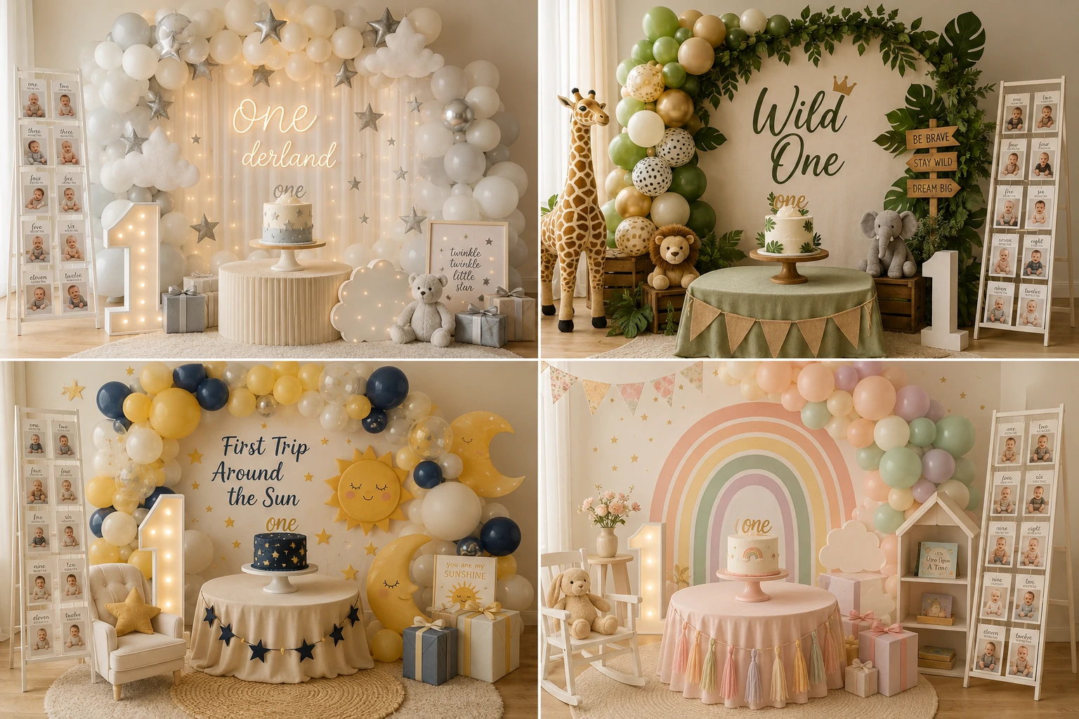 First birthday party themes and decorations with simple balloon, storybook, sunshine and pastel ideas