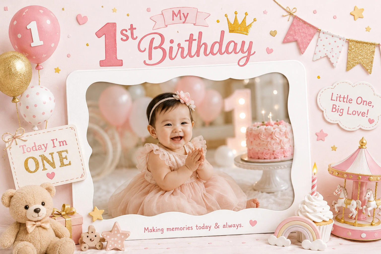 First birthday photo frame with space for a baby photograph, milestone details and a short family message