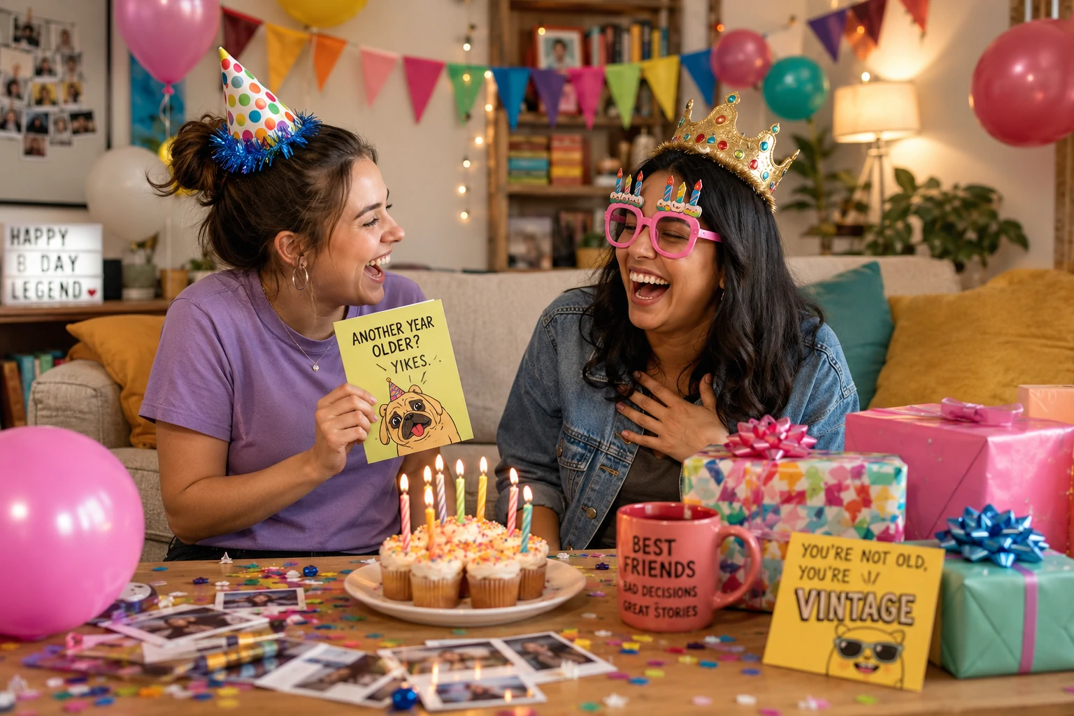 Funny birthday wishes for best friend during a playful celebration with cake and friendship jokes