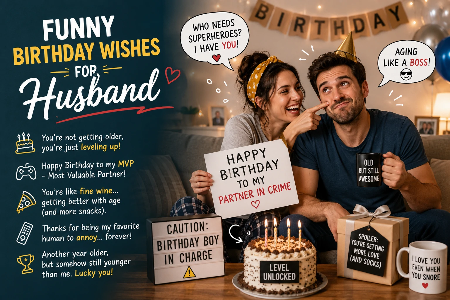 Funny birthday wishes for husband on a playful card during a cheerful couple celebration