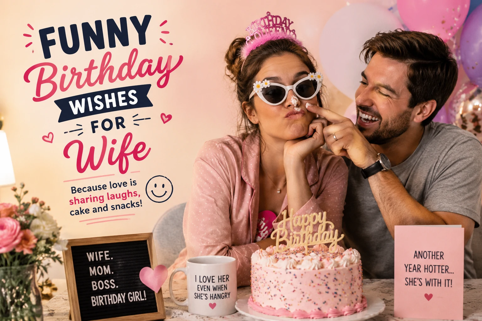 Funny birthday wishes for wife on a playful card during a cheerful couple celebration