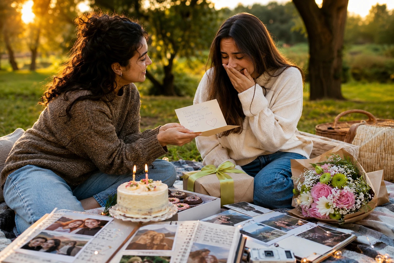 Heartfelt birthday wishes for best friend beside a handwritten card and shared friendship photographs