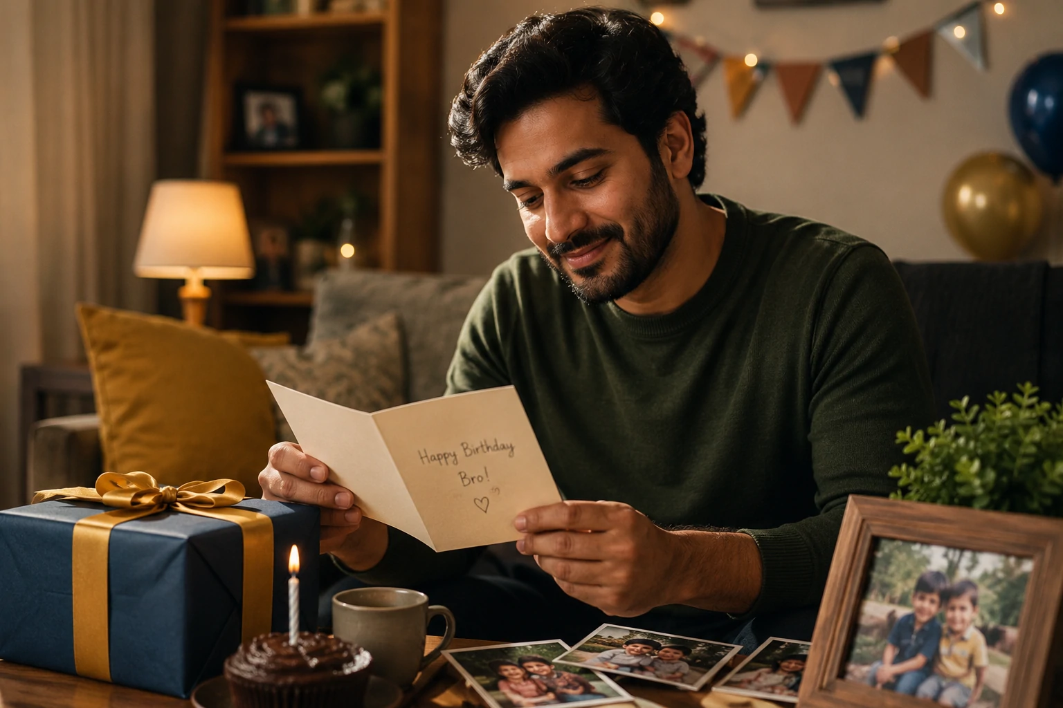 Heartfelt birthday wishes for brother beside family photographs and a handwritten card