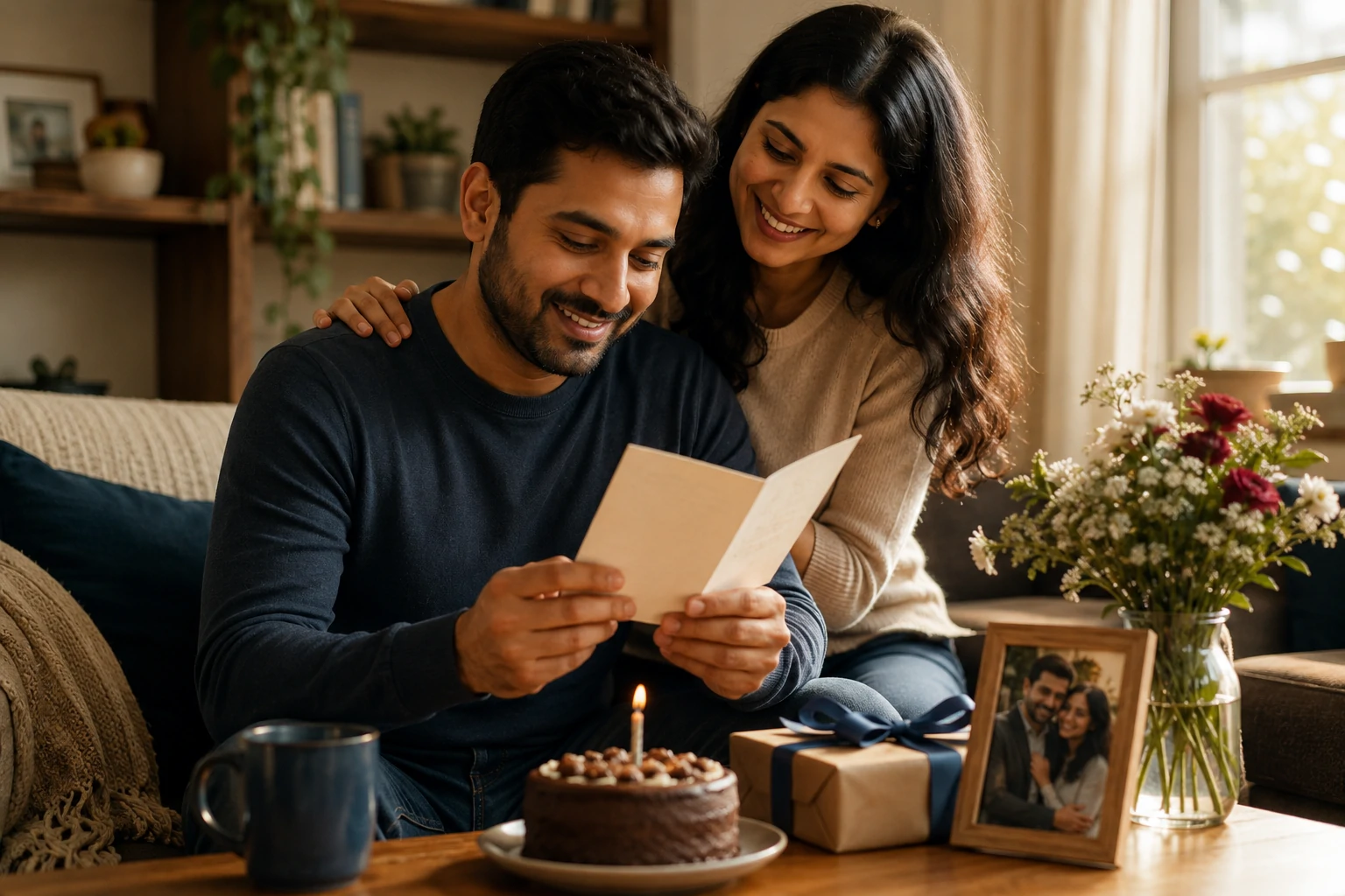 Heartfelt birthday wishes for husband with a meaningful card, family photograph and thoughtful gift