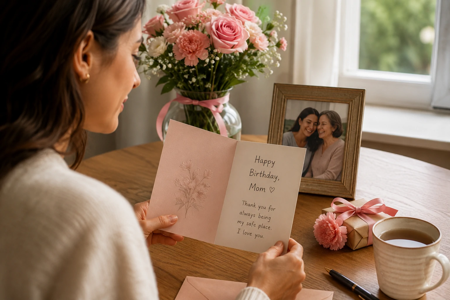 Heartfelt birthday wishes for Mom beside flowers, a family photograph and a handwritten card