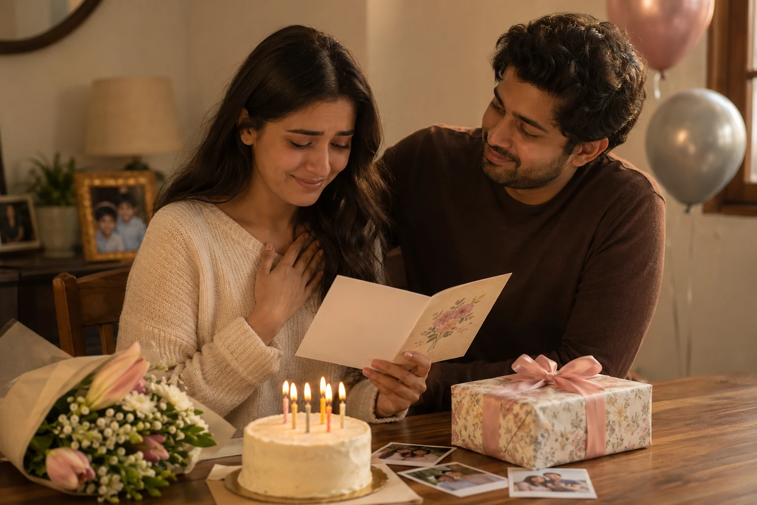 Heartfelt birthday wishes for sister beside childhood photographs and a handwritten card