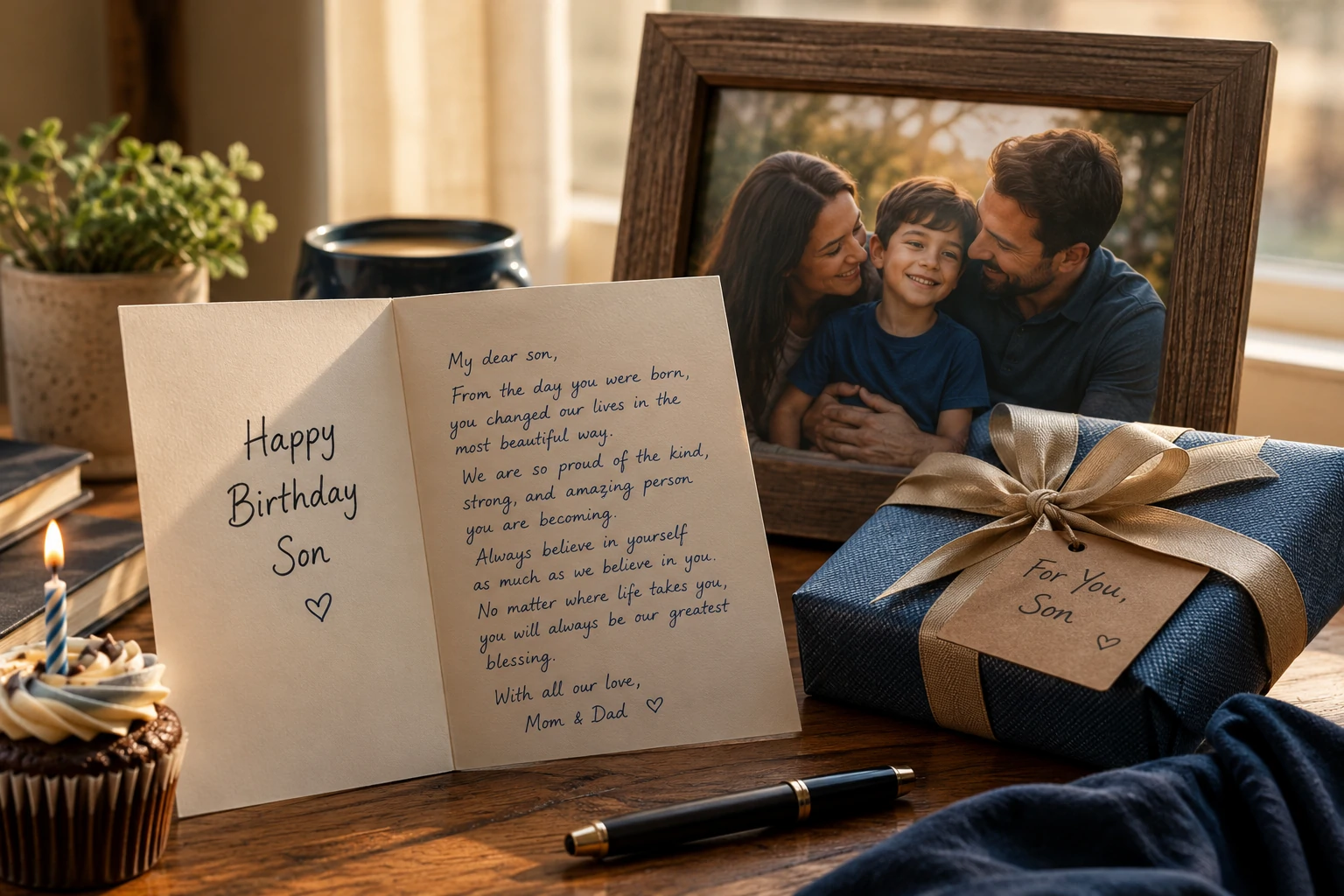 Heartfelt birthday wishes for your son beside a family photograph and birthday card