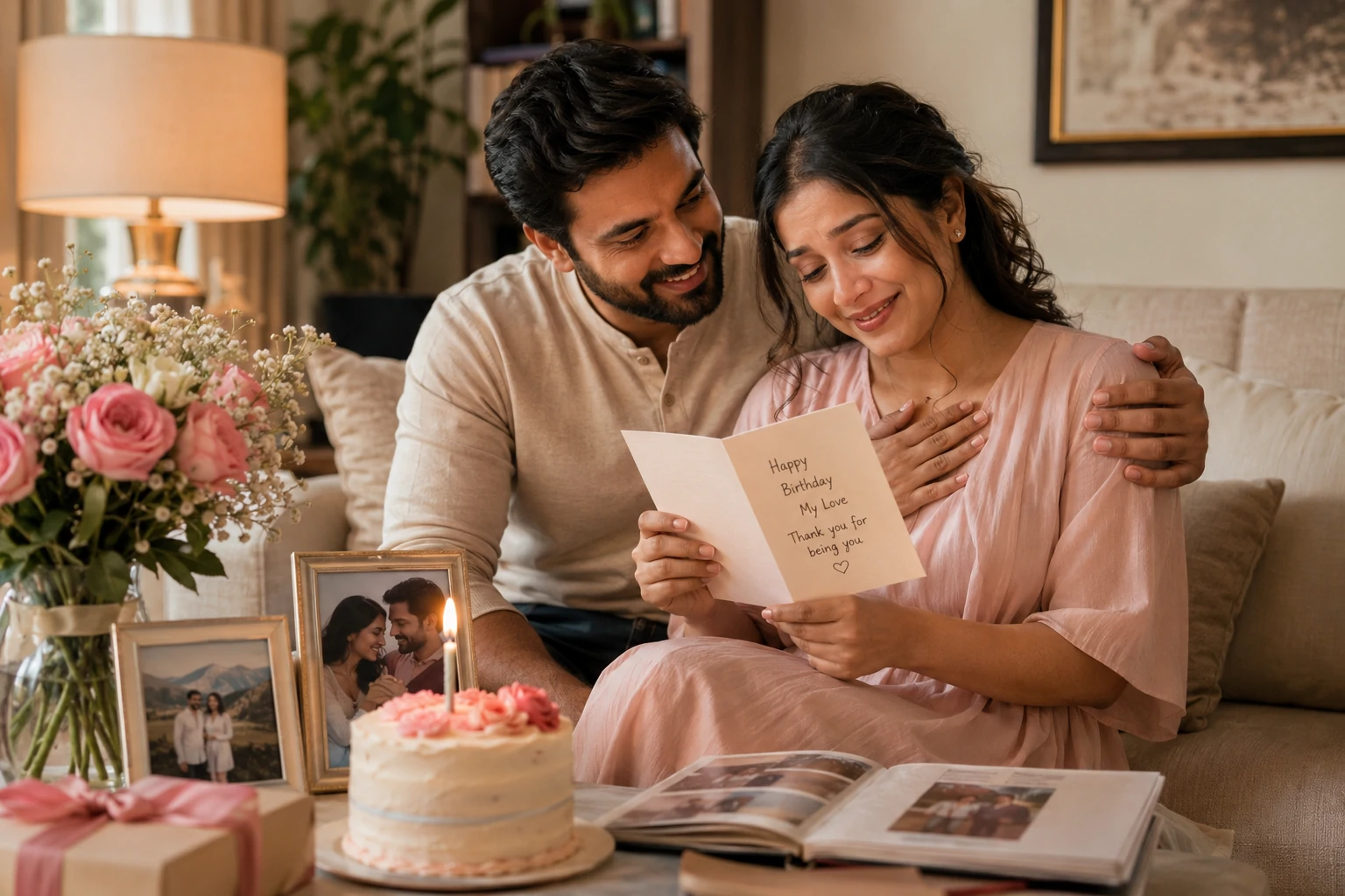 Heartfelt birthday wishes for wife with a handwritten card, meaningful couple photograph and elegant flowers