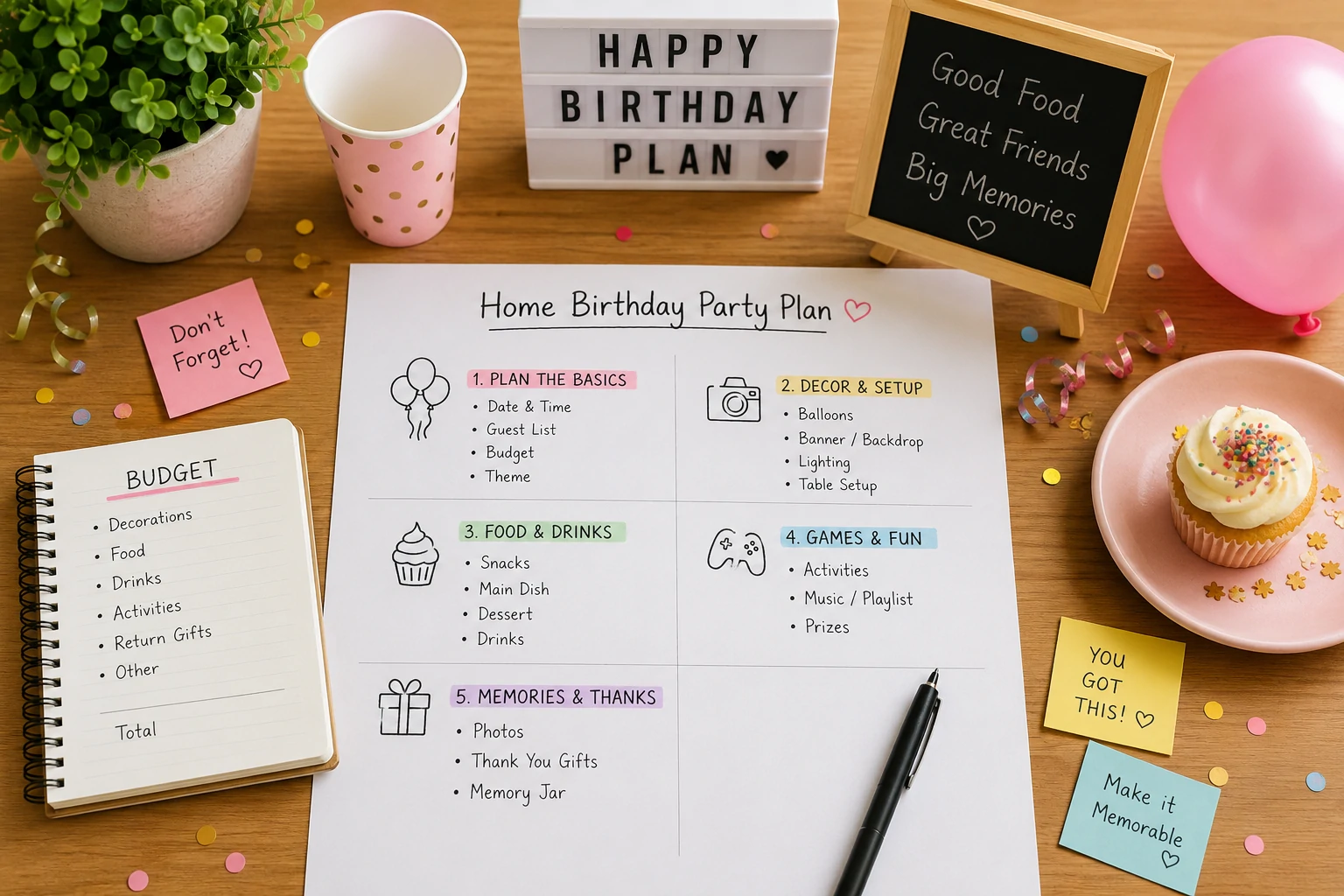 Easy birthday party ideas at home organized into food, games, decorations and photo zones